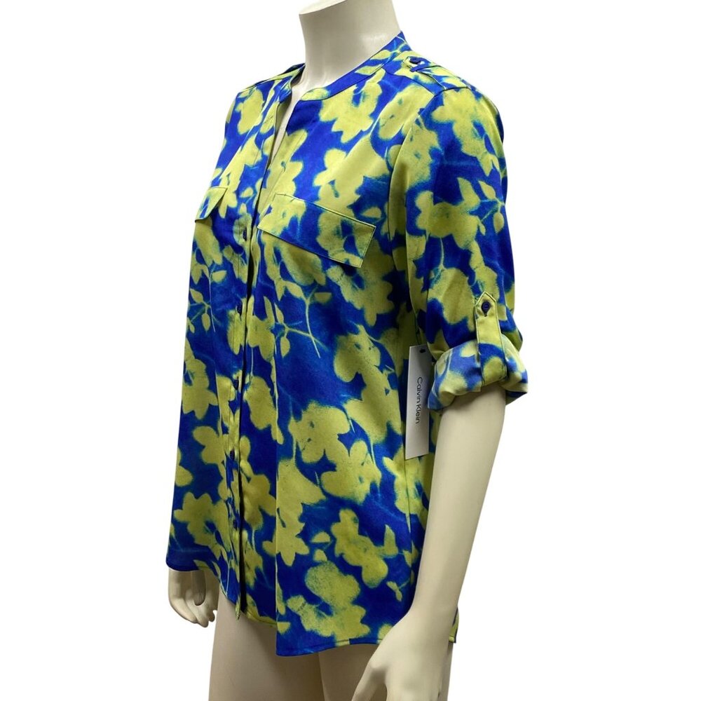 Calvin Klein $74 Women Floral Print Button-Front Blouse Roll-Up Sleeves M NWT - Picture 3 of 8